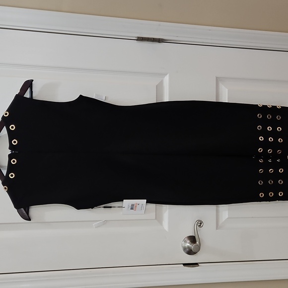 Calvin Klein Black Sleeveless  Knee Length Dress With Gold Grommets Sz 2 - Picture 9 of 11